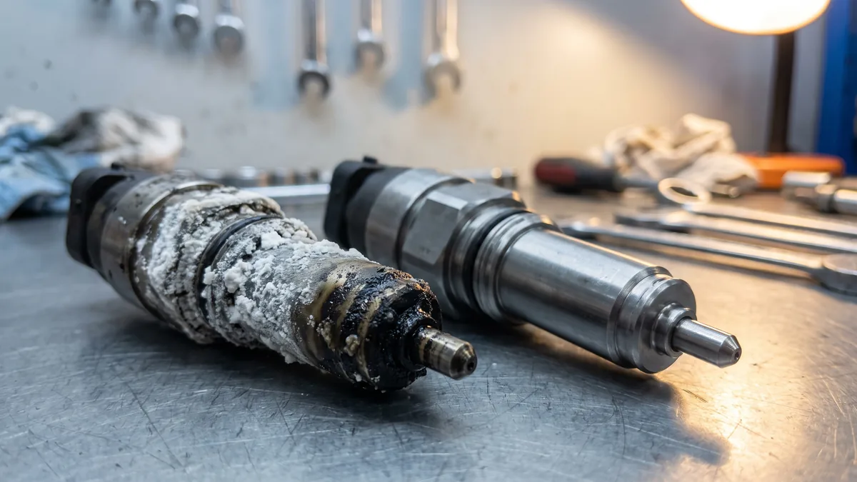 Injecteur doseur AdBlue encroûté de cristaux d'urée blancs à côté d'un injecteur propre, sur un établi d'atelier