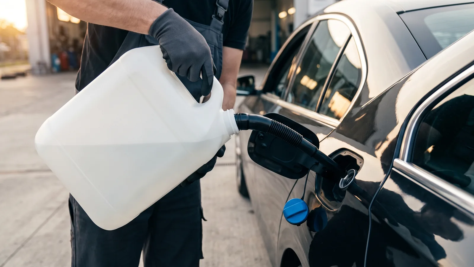 Remplissage d'AdBlue dans le col bleu d'une voiture diesel avec un bidon 10 L à bec verseur — comparatif InterCar