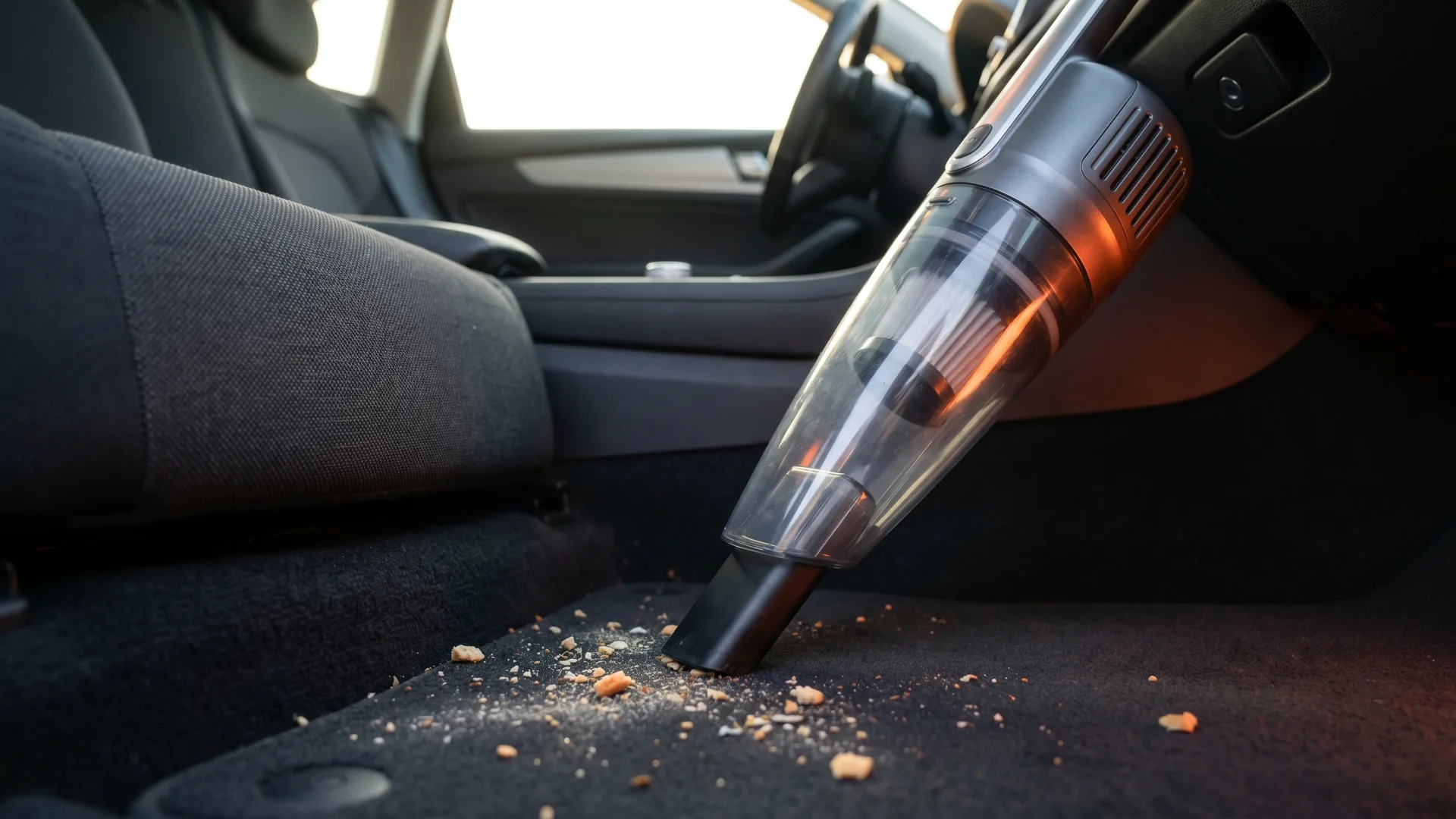 Aspirateur à main sans fil nettoyant la moquette et les sièges d'un habitacle de voiture — comparatif InterCar
