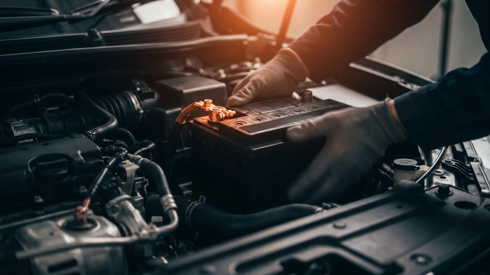 Batterie de démarrage 12V neuve installée dans le compartiment moteur d'une voiture — comparatif InterCar