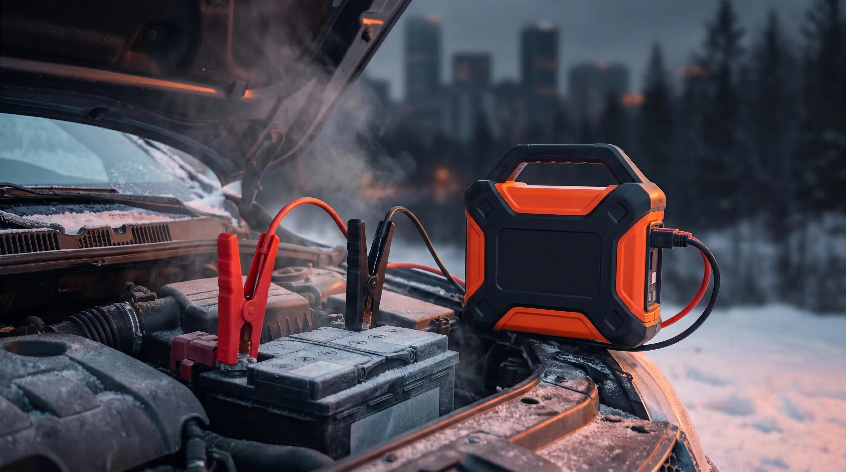 Booster batterie voiture portable 12V branché sur une batterie en hiver — comparatif InterCar