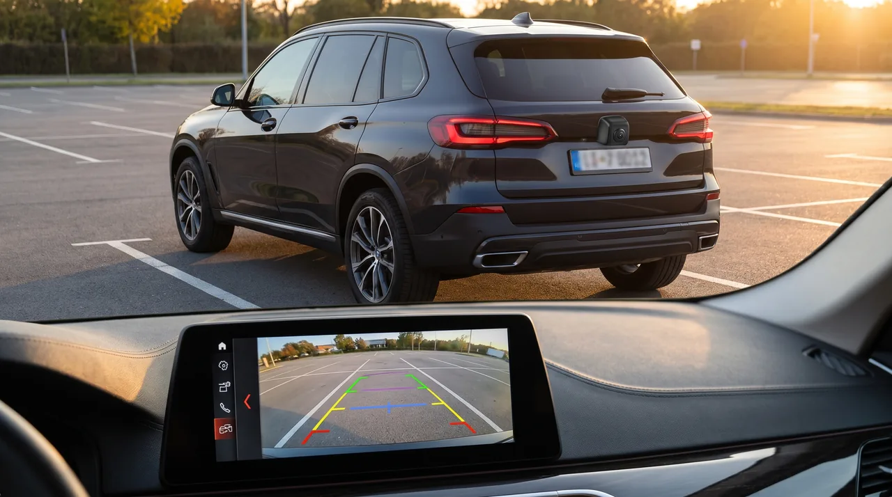 Caméra de recul sans fil installée sur la plaque arrière d'une voiture, image affichée sur écran au tableau de bord — comparatif InterCar