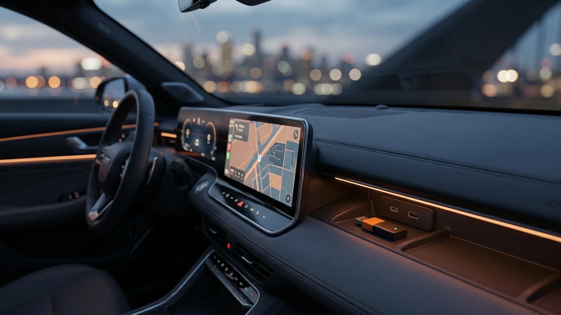 Adaptateur CarPlay sans fil branché sur le port USB d'une voiture, écran CarPlay actif — comparatif InterCar