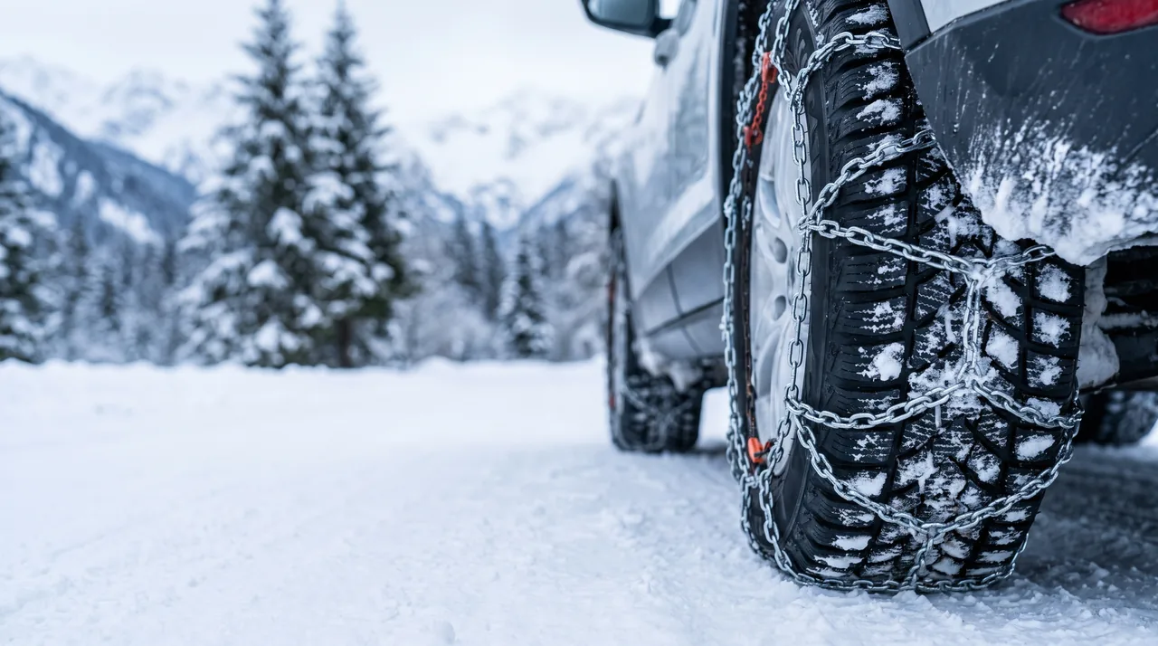 Chaînes à neige montées sur la roue d'une voiture sur une route enneigée de montagne — comparatif InterCar