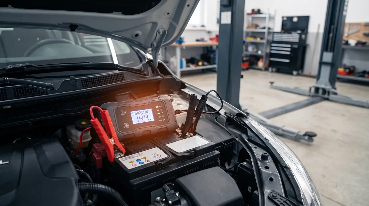 Chargeur de batterie voiture intelligent branché sur la batterie 12V d'une voiture au garage — comparatif InterCar