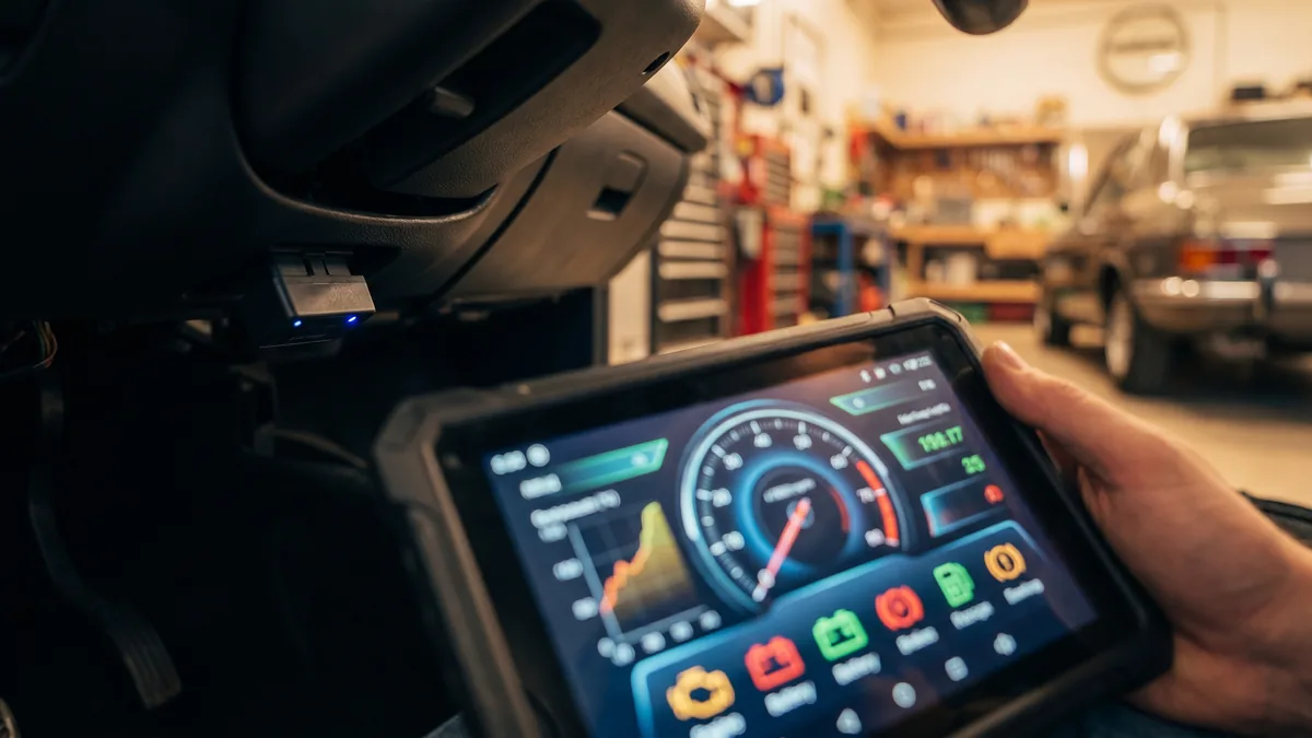 Boîtier VCI Bluetooth branché sur la prise OBD2 et tablette de diagnostic — principe du diagnostic sans fil de la CRP919X BT