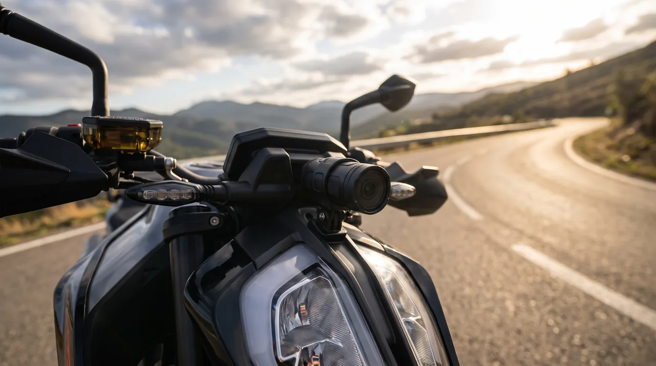 Dashcam moto double caméra montée sur une moto, enregistrement de la route — comparatif InterCar