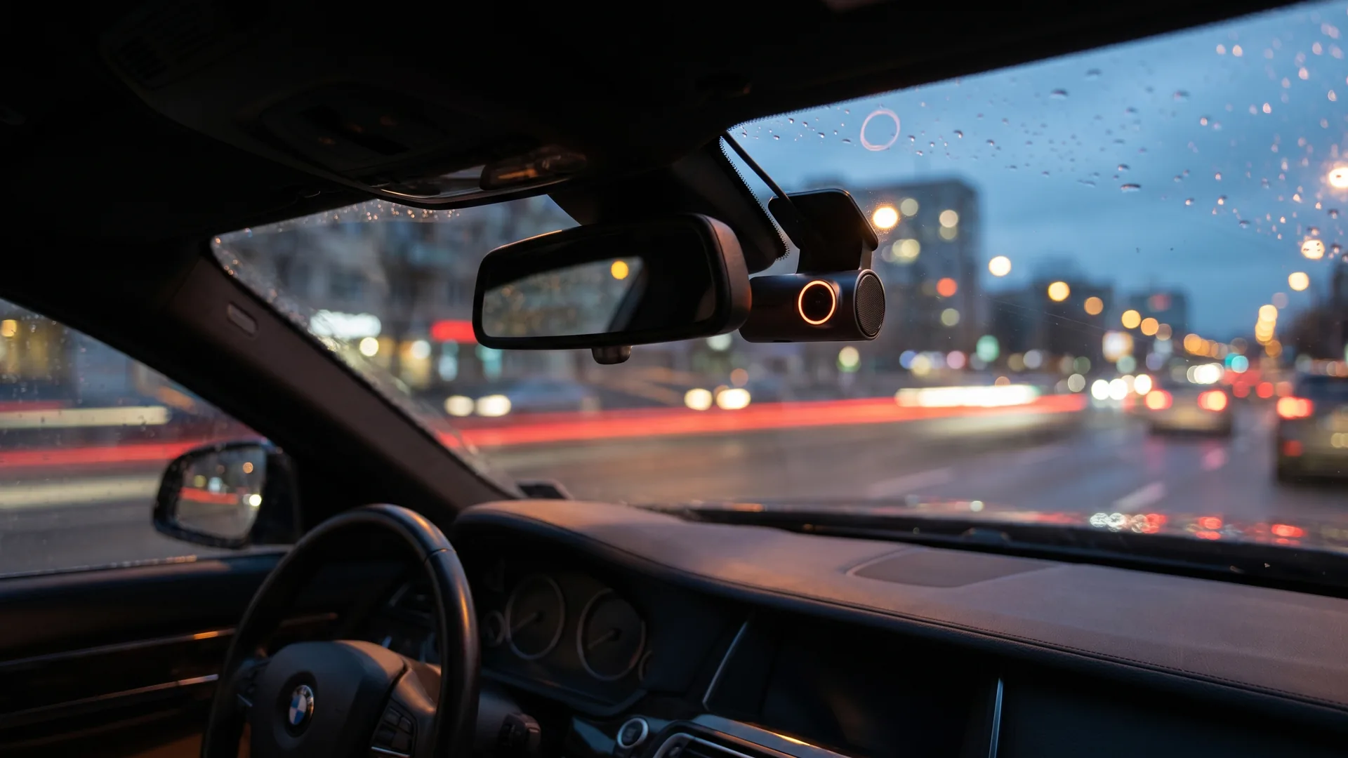 Dashcam voiture installée derrière le pare-brise filmant la route — comparatif InterCar