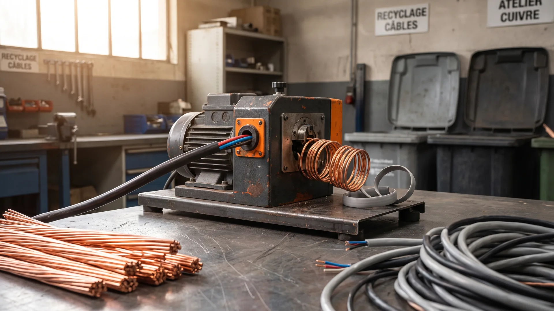 Machine à dénuder électrique séparant le cuivre rouge de sa gaine PVC, câbles et cuivre dépouillé sur établi d'atelier — comparatif InterCar