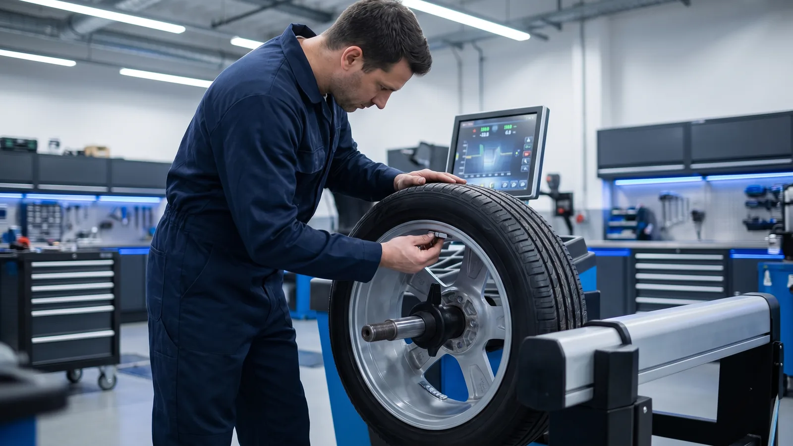 Équilibreuse de roue électronique 220V dans un atelier automobile
