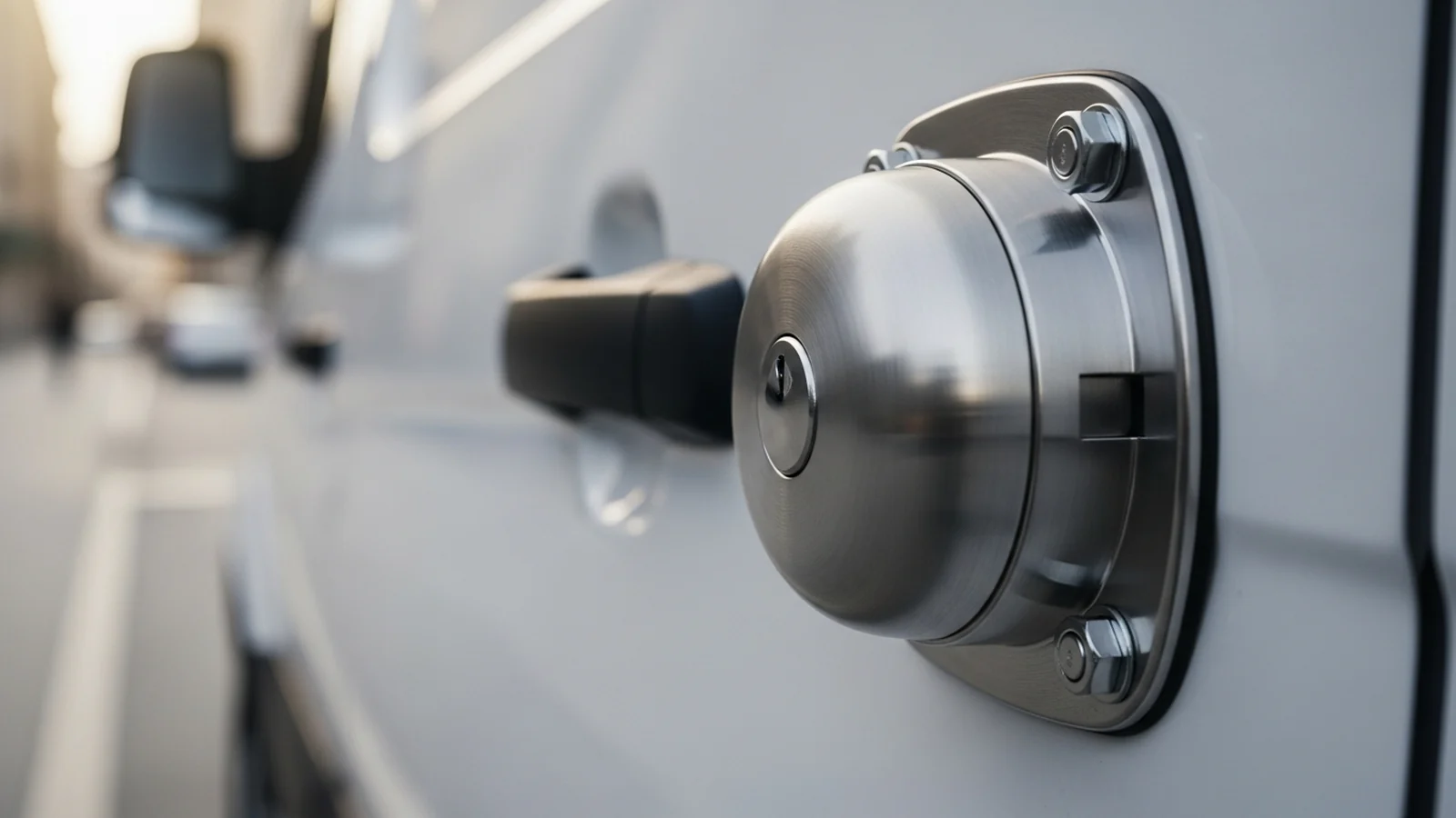 Serrure antivol à boule installée sur la porte arrière d'un fourgon utilitaire — comparatif InterCar