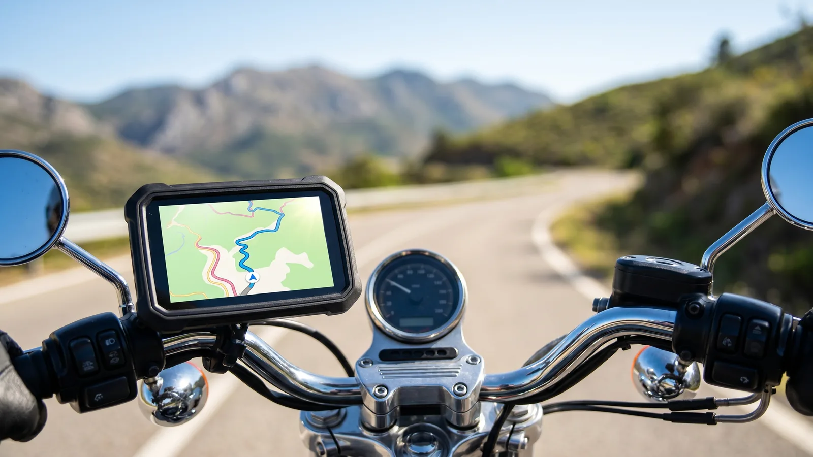 Écran CarPlay moto fixé au guidon affichant la navigation GPS — comparatif InterCar
