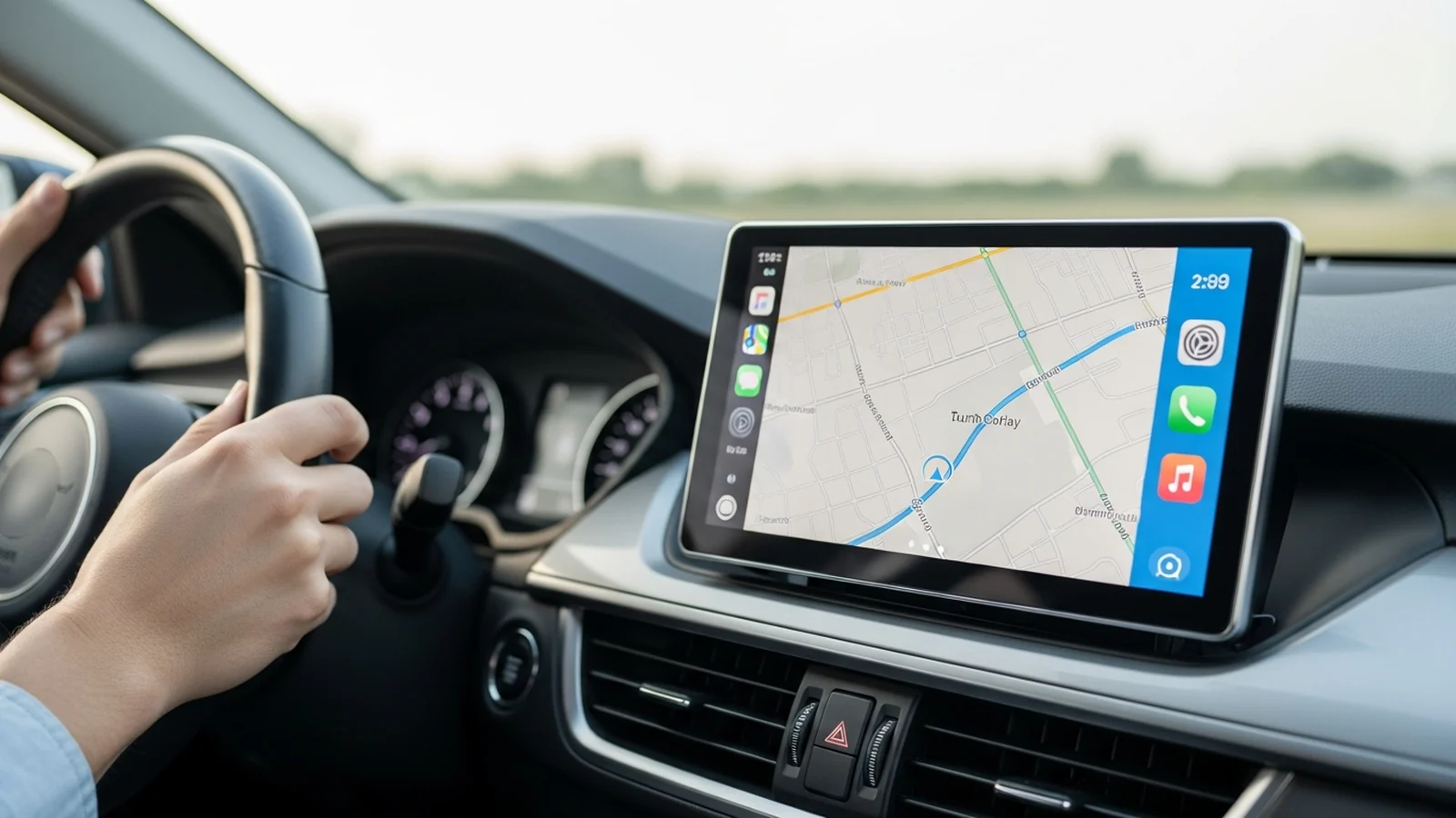 Écran CarPlay portable posé sur le tableau de bord d'une voiture, navigation affichée — comparatif InterCar