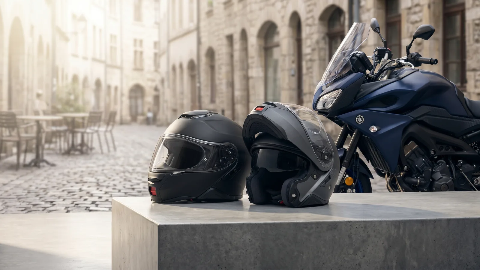 Casque moto modulable posé sur une selle de moto, visière relevée — comparatif InterCar