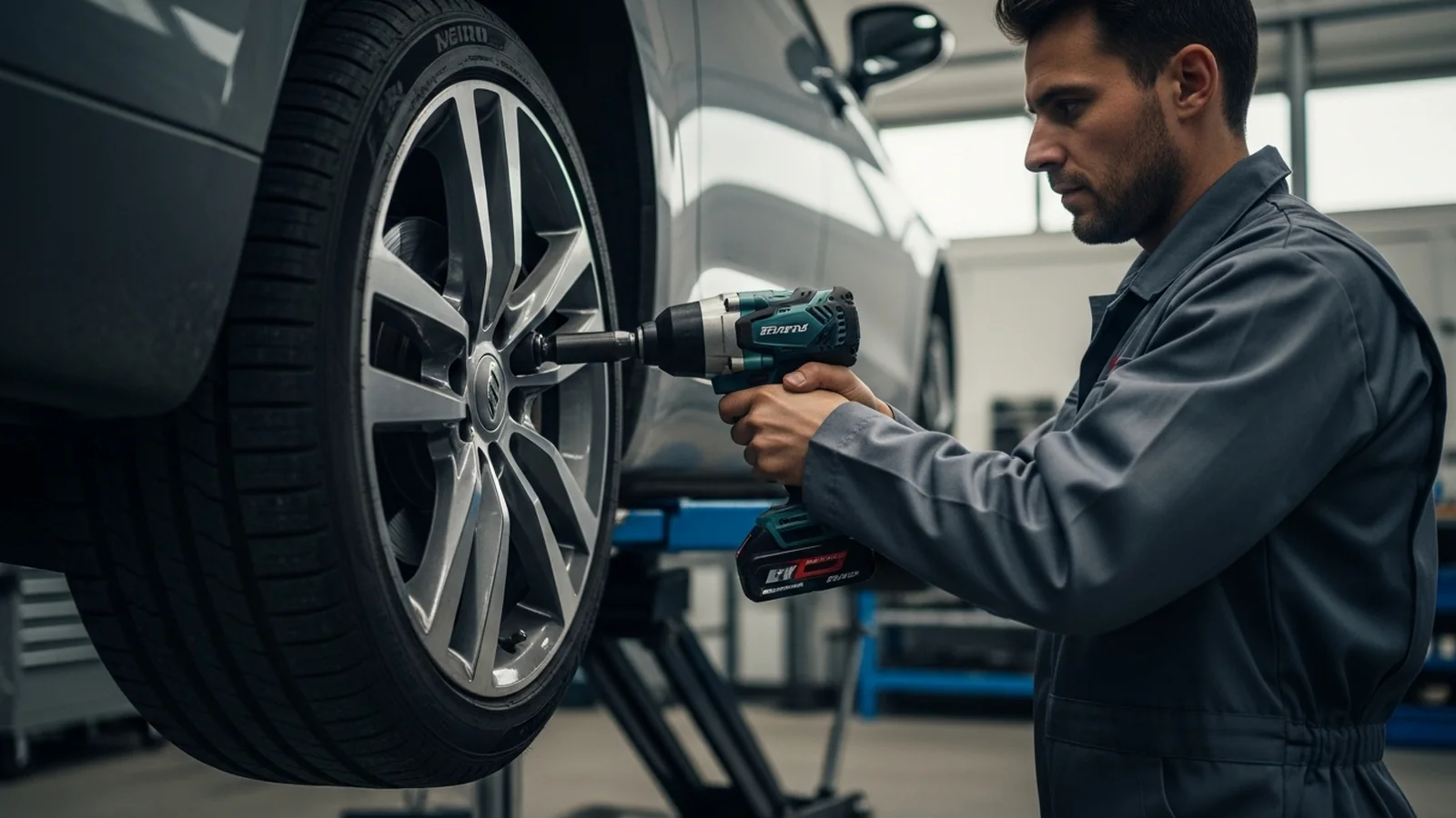 Mécanicien démontant une roue de voiture à la clé à choc sans fil dans un garage — comparatif InterCar