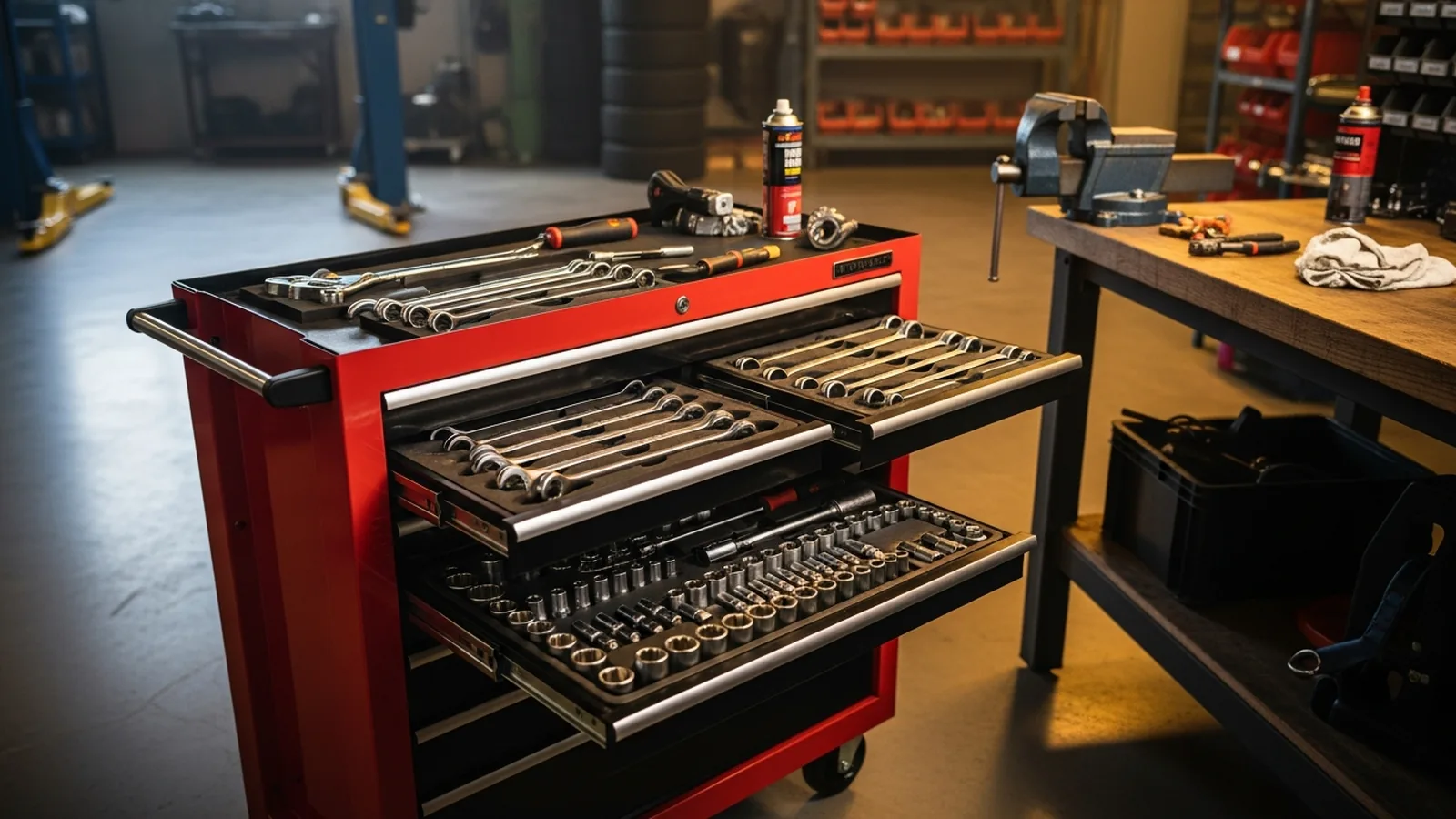 Servante d'atelier rouge à tiroirs ouverts pleins d'outils dans un garage — comparatif InterCar