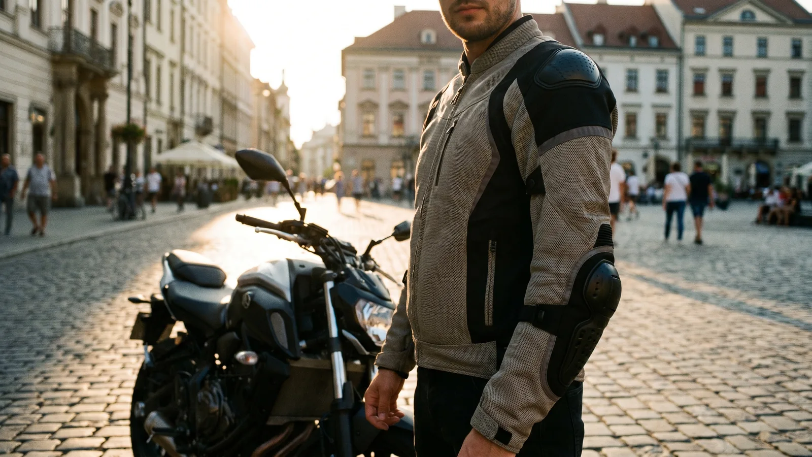 Motard portant un blouson moto à protections CE, vue de profil sur route — comparatif InterCar