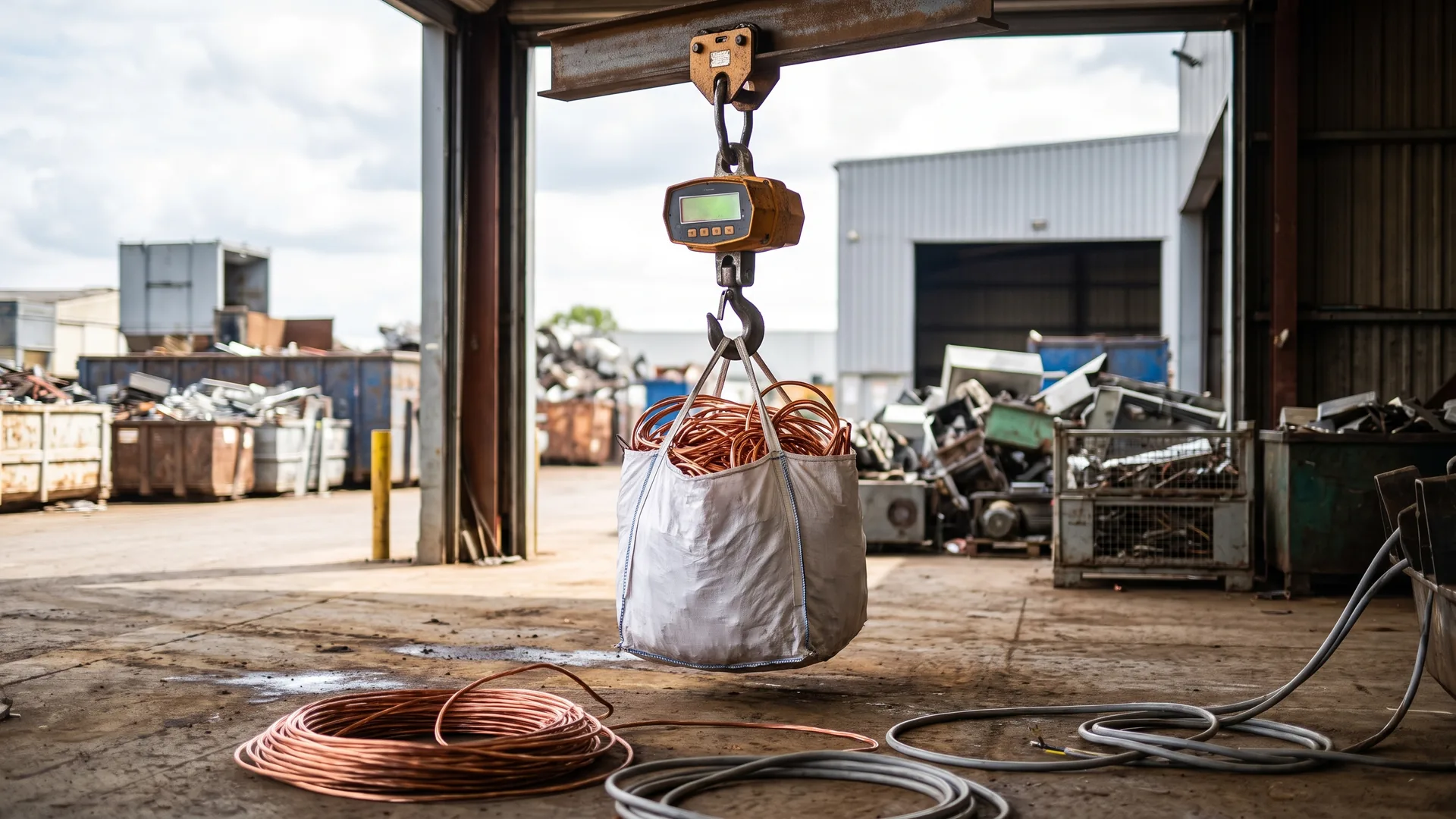 Peson électronique à crochet pesant un big bag de câbles de cuivre dans un atelier de récupération — comparatif InterCar