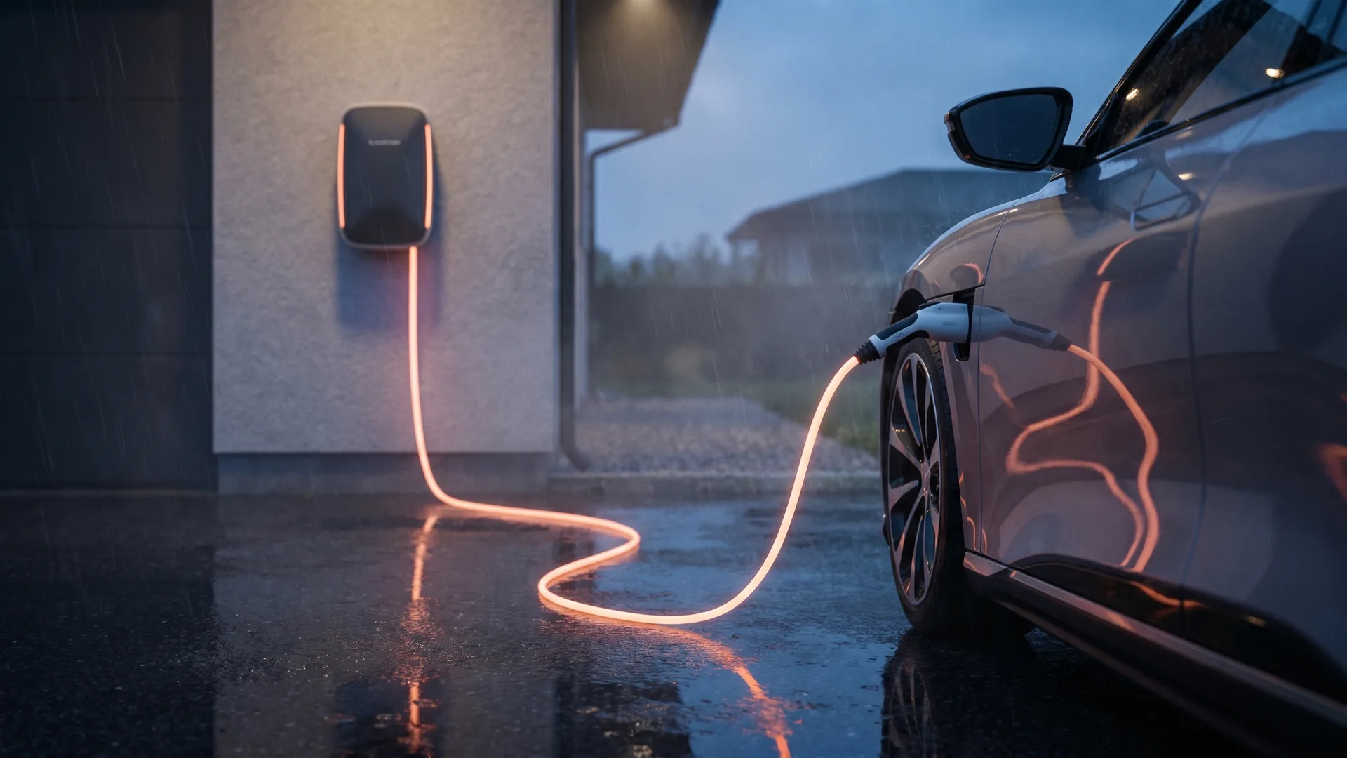 Câble de recharge Type 2 branché sur une voiture électrique devant une wallbox murale — comparatif InterCar