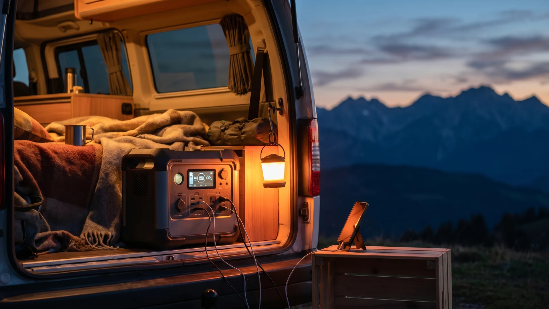 Station électrique portable alimentant des appareils lors d'un bivouac en van aménagé — comparatif InterCar