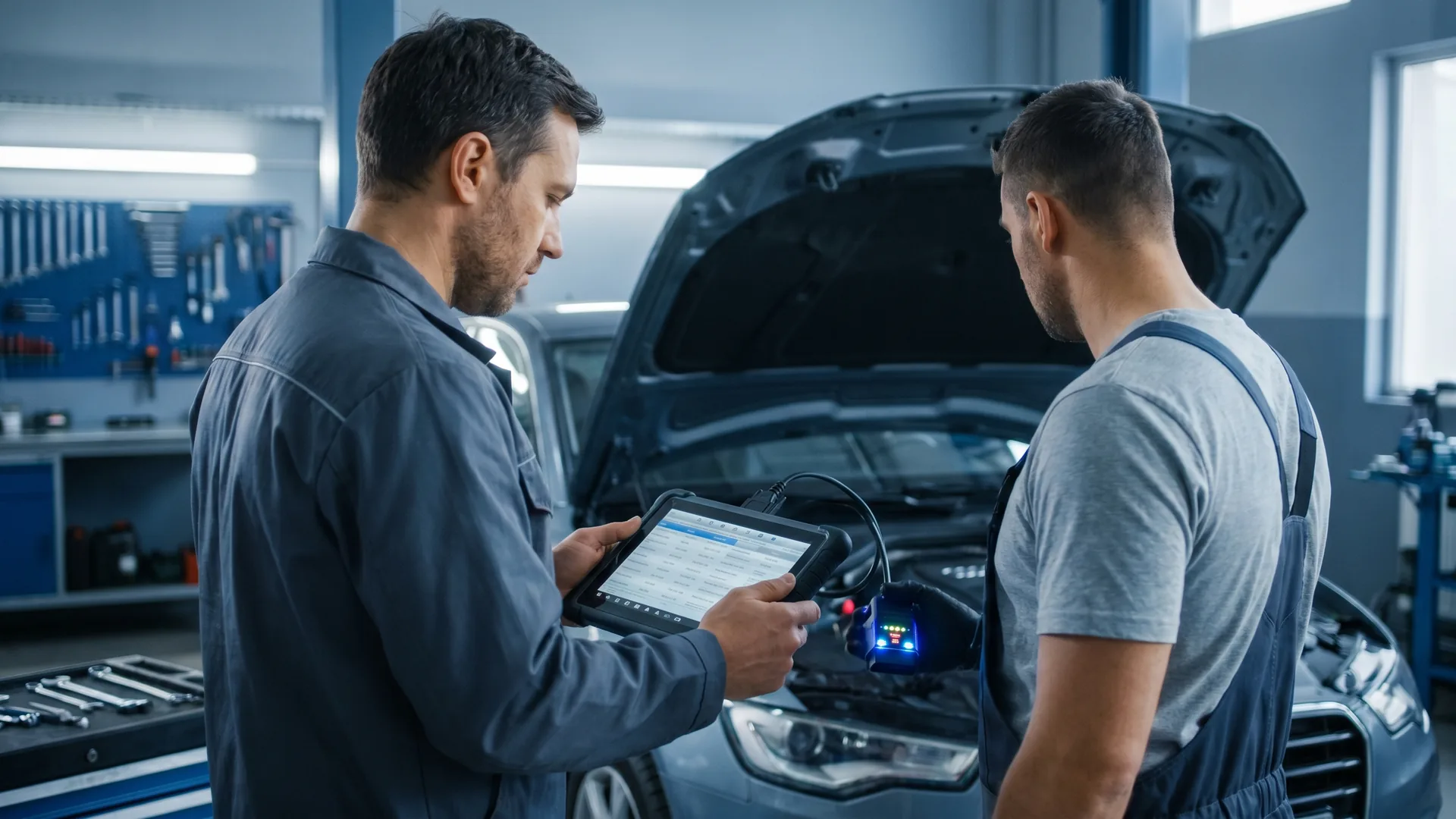Valise de diagnostic Autel MaxiPRO utilisée par un mécanicien dans un garage — comparatif InterCar