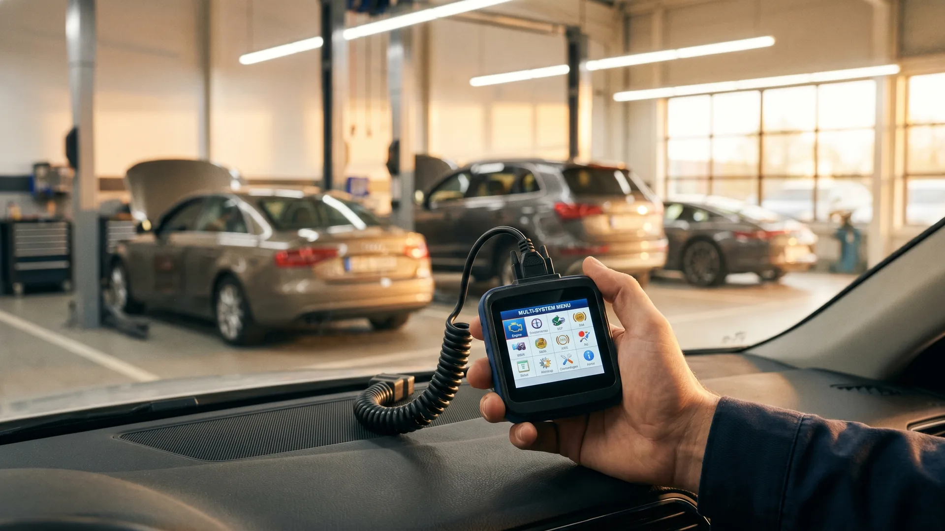 Valise de diagnostic iCarsoft CR multimarque branchée sur une voiture — comparatif InterCar