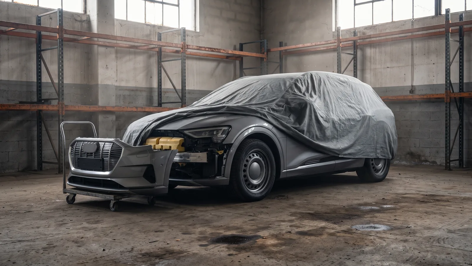 SUV électrique bâché dans un atelier vide, pare-chocs démonté posé sur un chariot, rayonnages de pièces vides