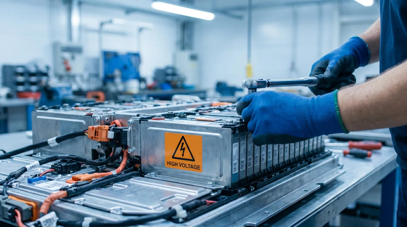 Technicien en gants bleus démontant les modules d'un pack batterie de voiture électrique sur établi d'atelier