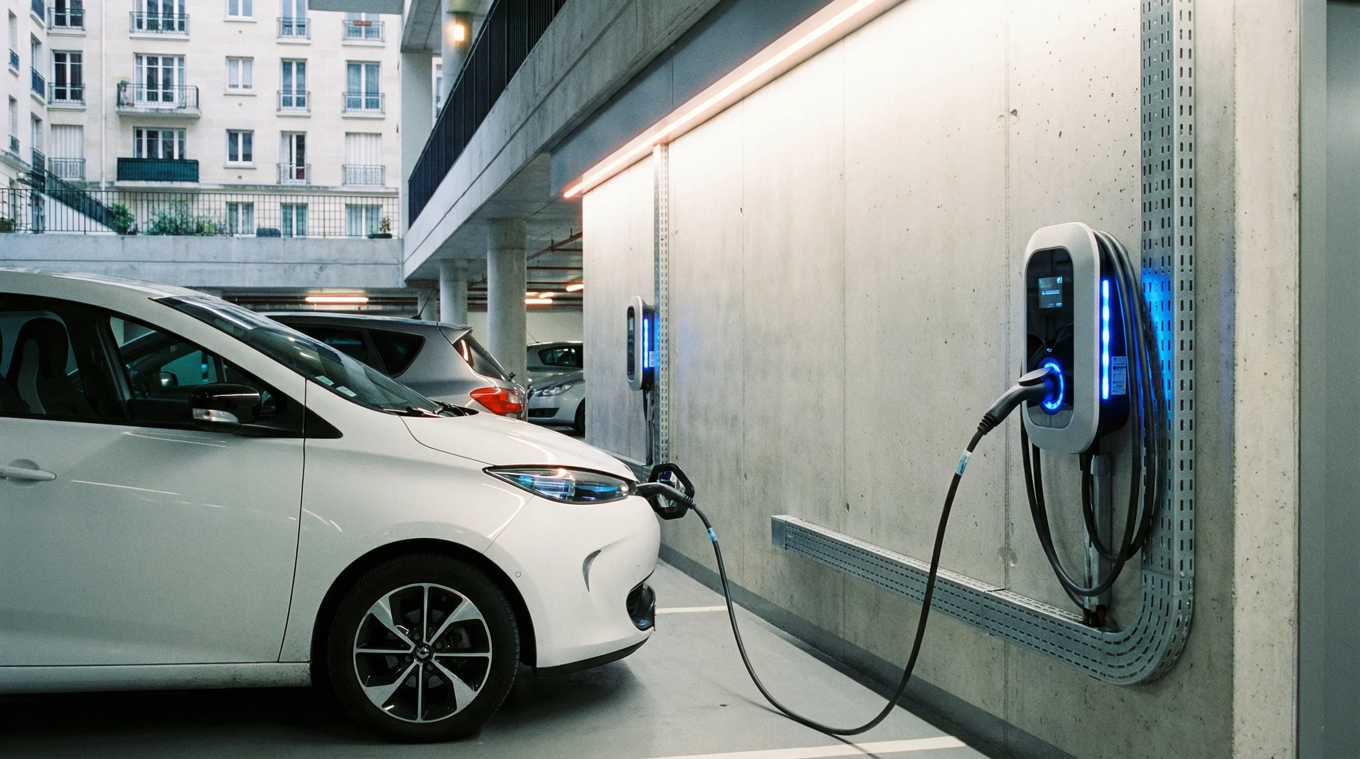 Borne de recharge électrique installée dans le parking d'une copropriété