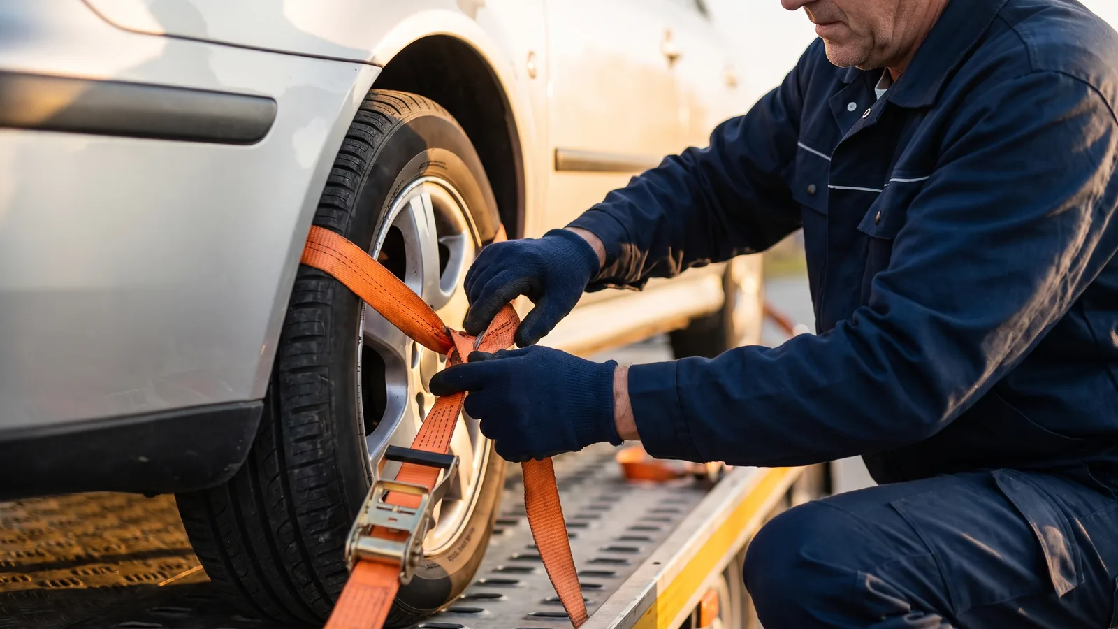 Dépanneur sanglant la roue d'une voiture sur le plateau d'une dépanneuse avec une sangle à cliquet orange
