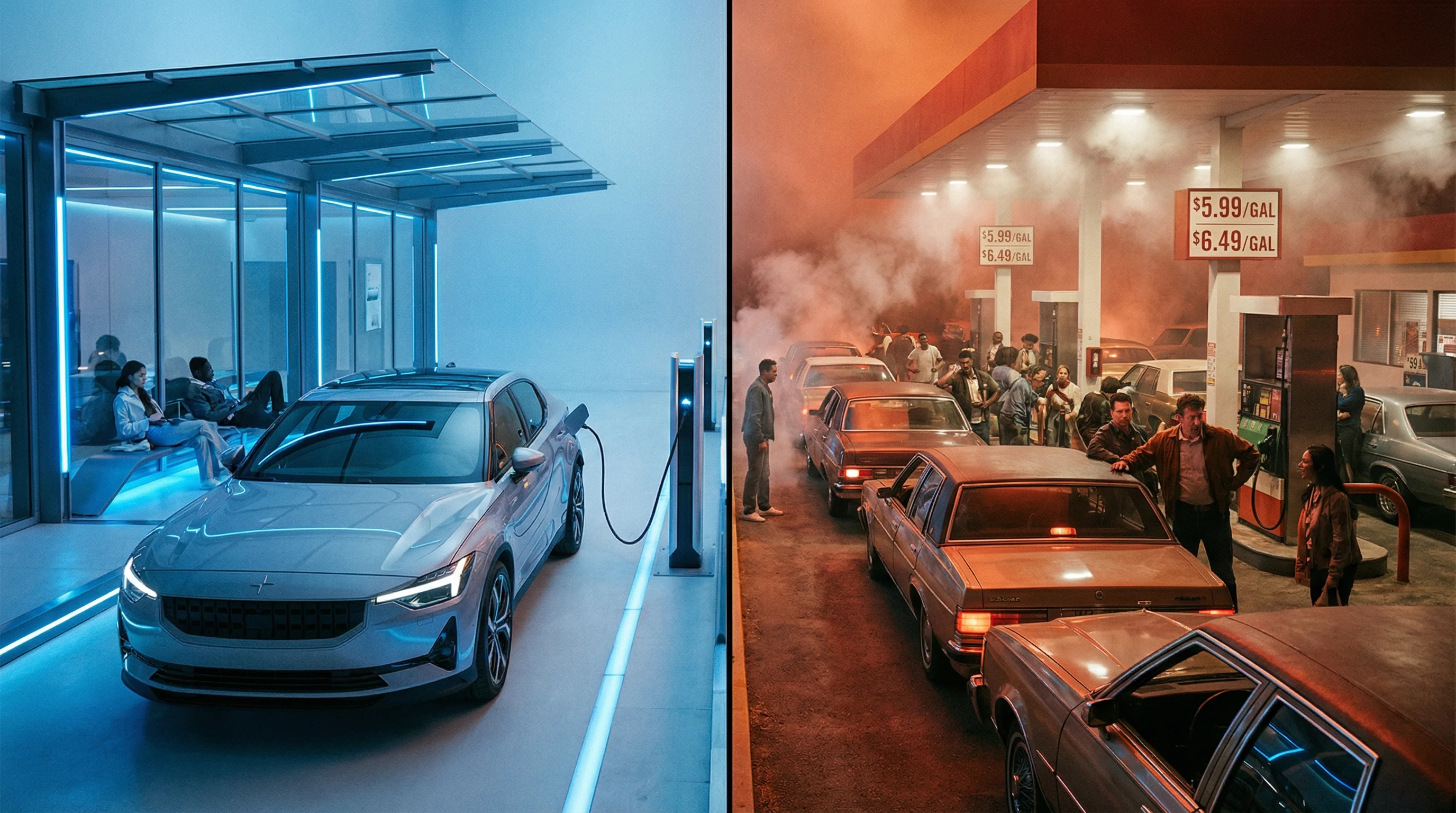 Comparaison voiture électrique en charge vs station-service diesel en pénurie 2026