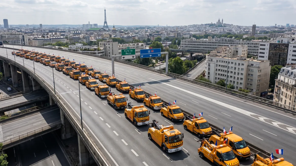 Vue aérienne du convoi de dépanneuses sur le périphérique parisien vers Porte de Bercy