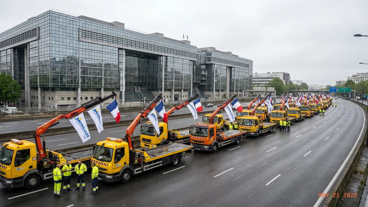 Convoi de dépanneuses françaises en mobilisation le 21 mai 2026 sur le périphérique parisien vers Bercy