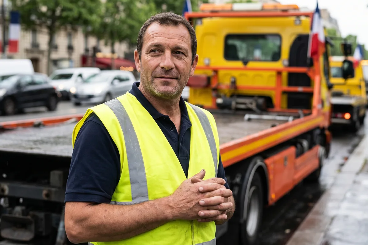 Portrait d'un dépanneur français en gilet de sécurité jaune devant sa dépanneuse