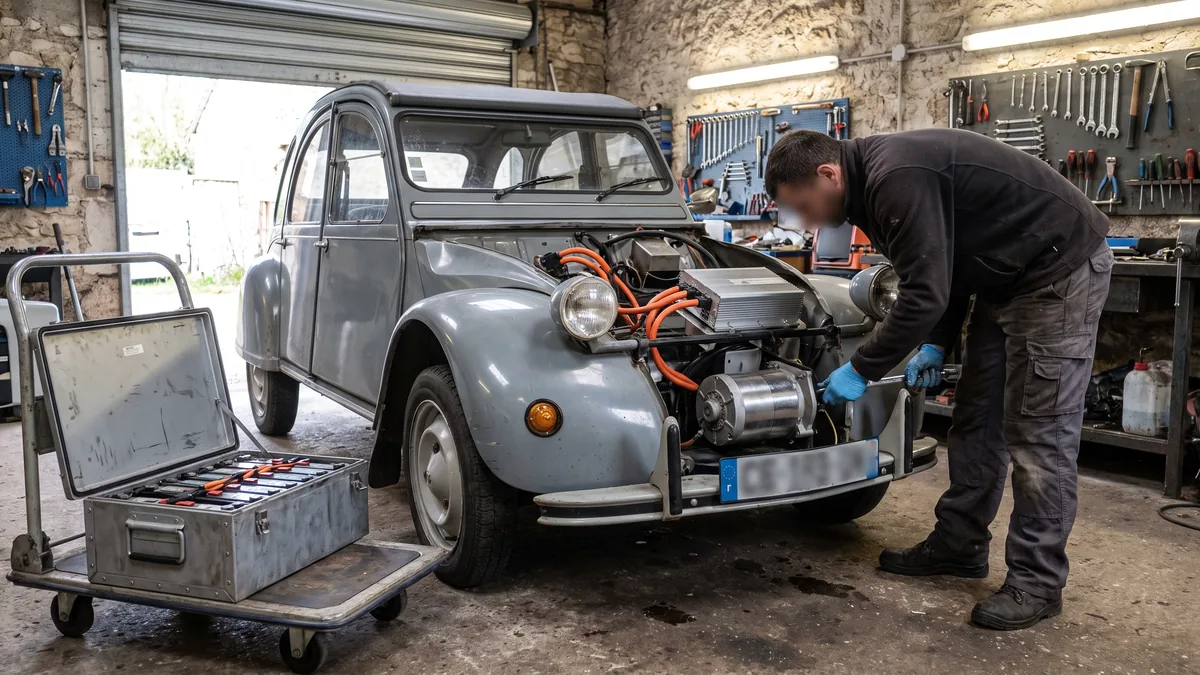 Citroën 2CV en cours de conversion dans un atelier de rétrofit : moteur électrique, câbles haute tension orange et pack batterie sur chariot