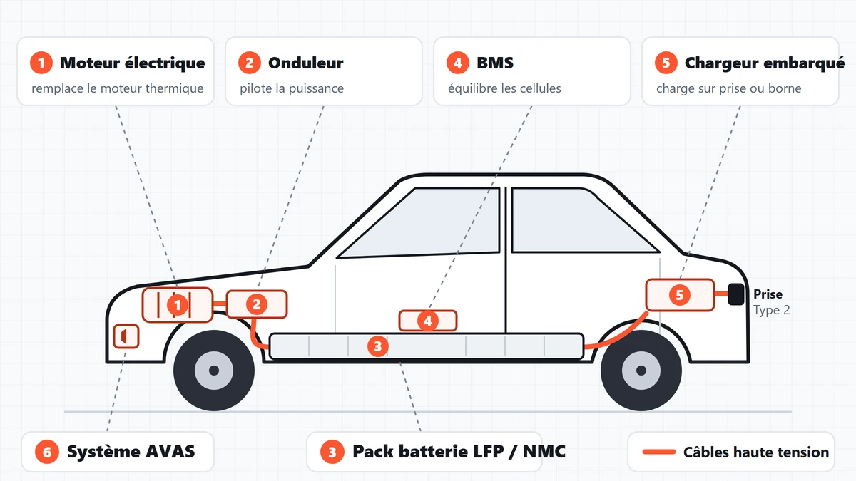 Schéma des composants d'un kit rétrofit électrique dans une voiture