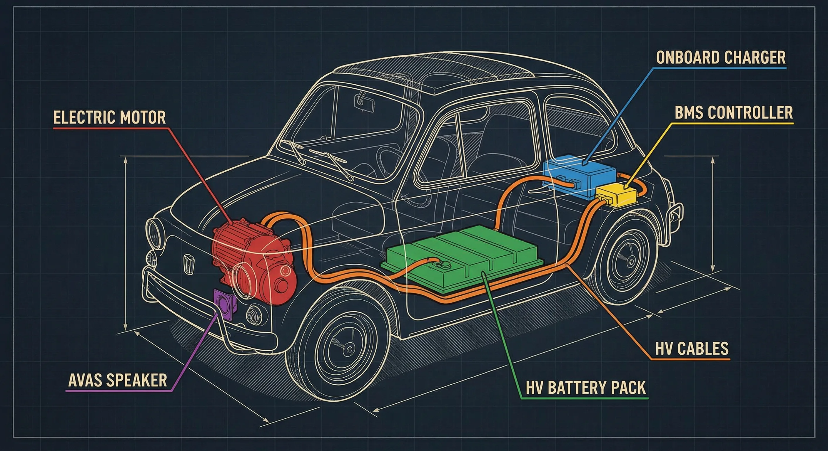 Schéma des composants d'un kit rétrofit électrique dans une voiture