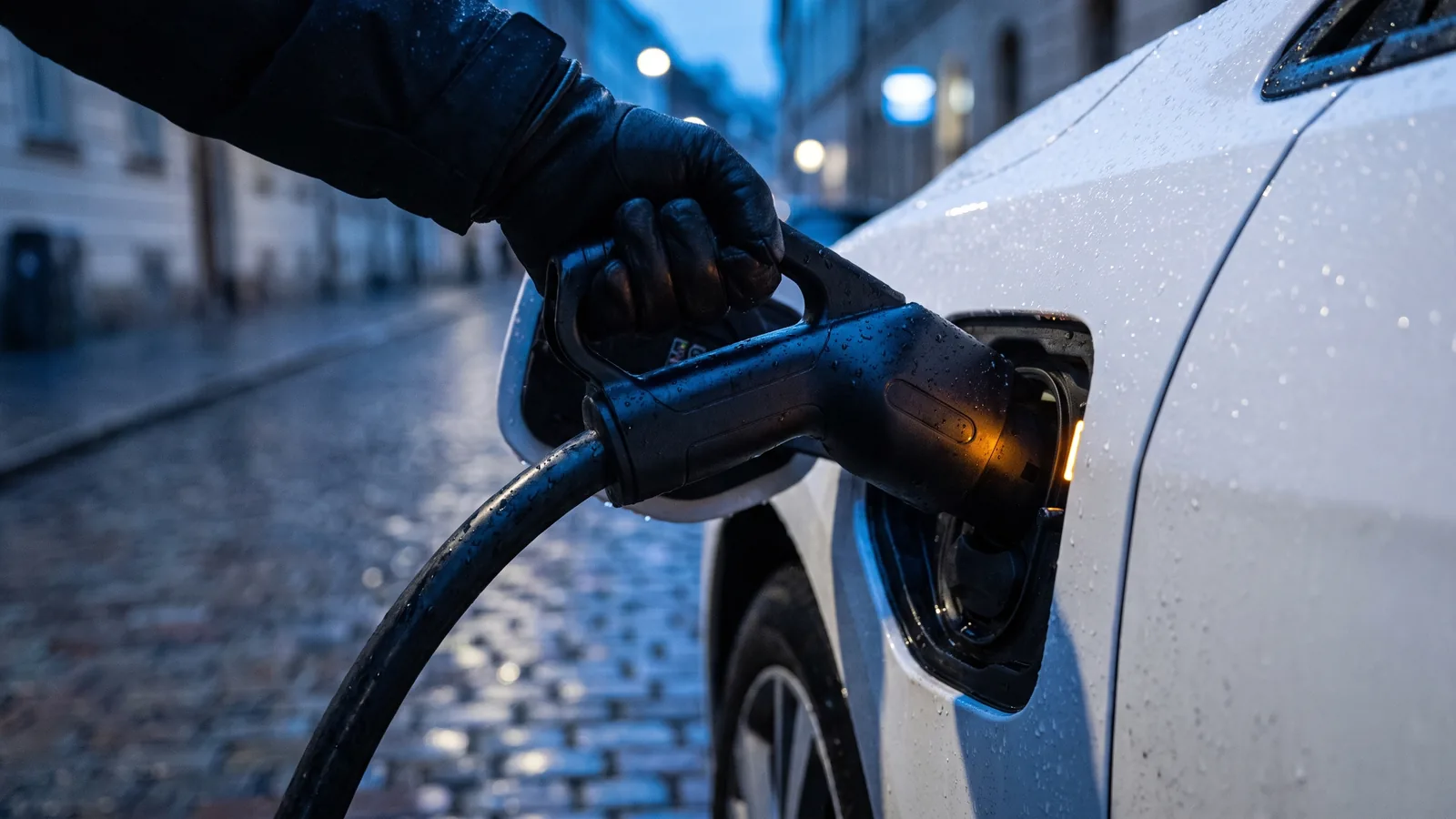 Connecteur de recharge Combo CCS verrouillé dans la prise d'une voiture électrique sous la pluie