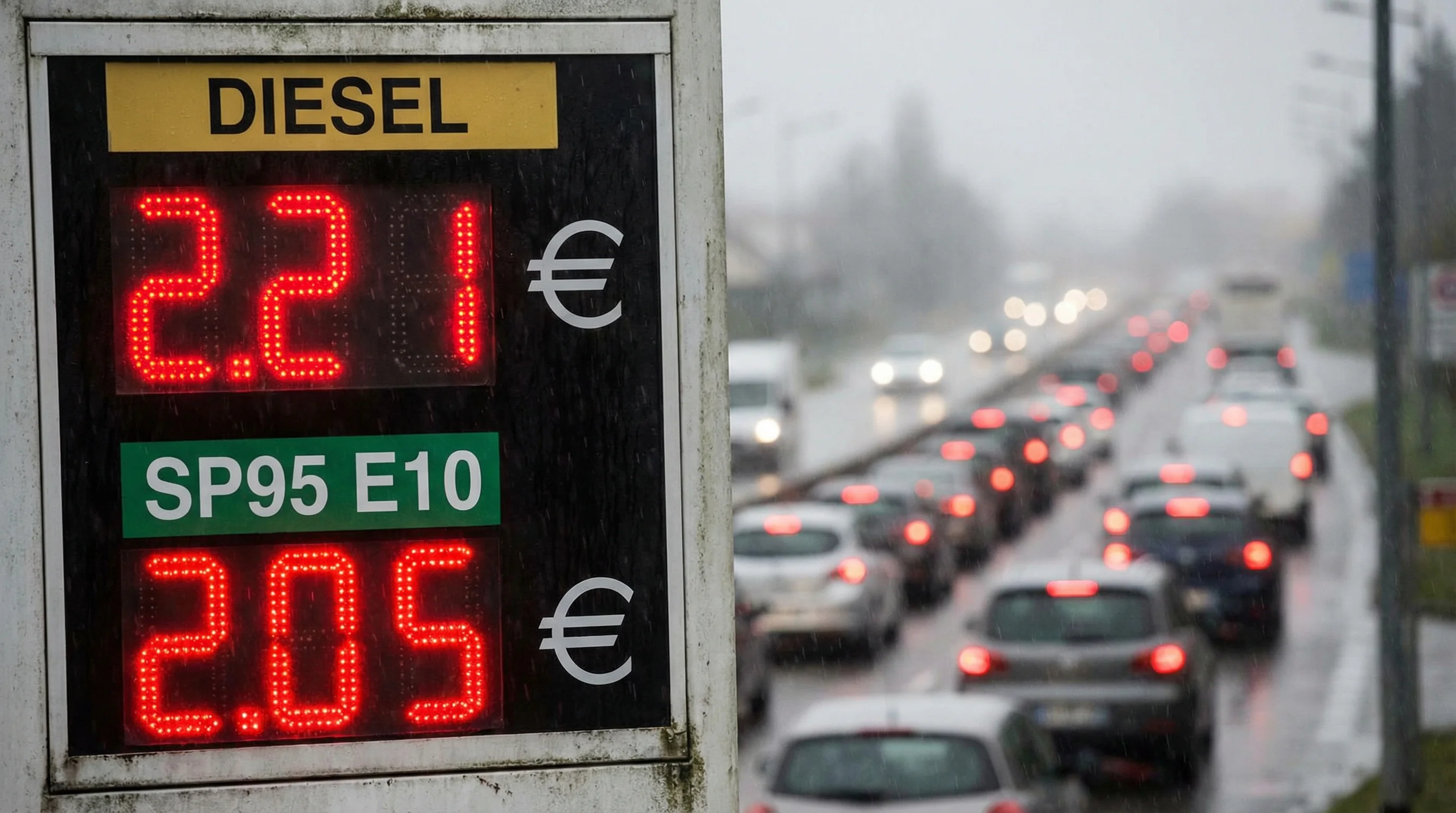 Affichage des prix record du carburant en France mars 2026 - diesel à 2,21 euros le litre