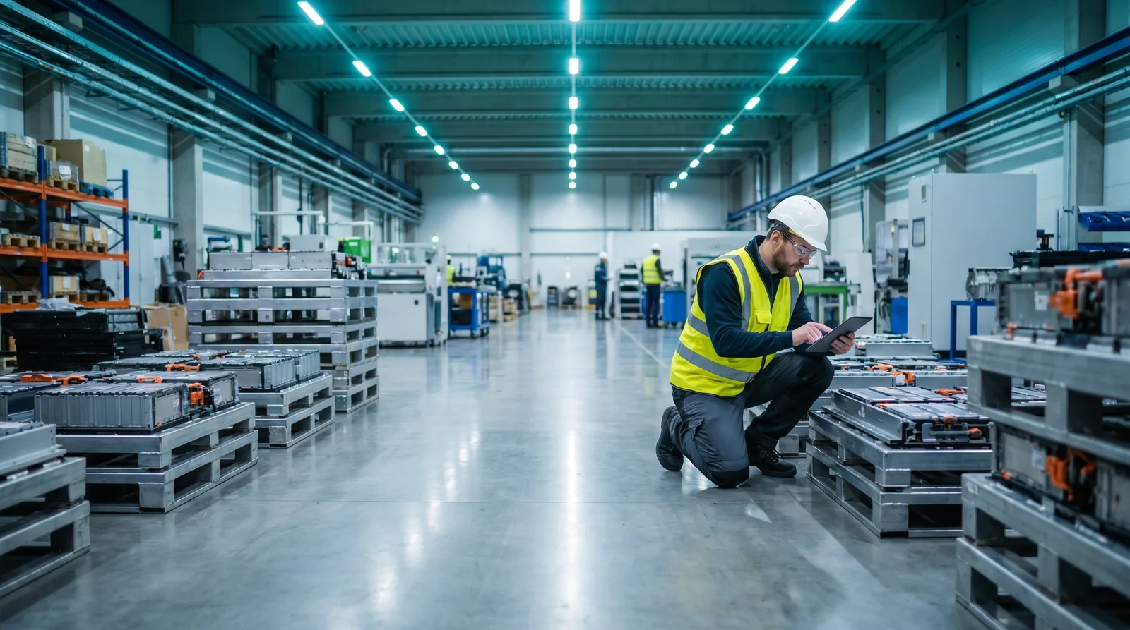 Centre de recyclage de batteries lithium-ion de voitures électriques avec modules stockes sur palettes