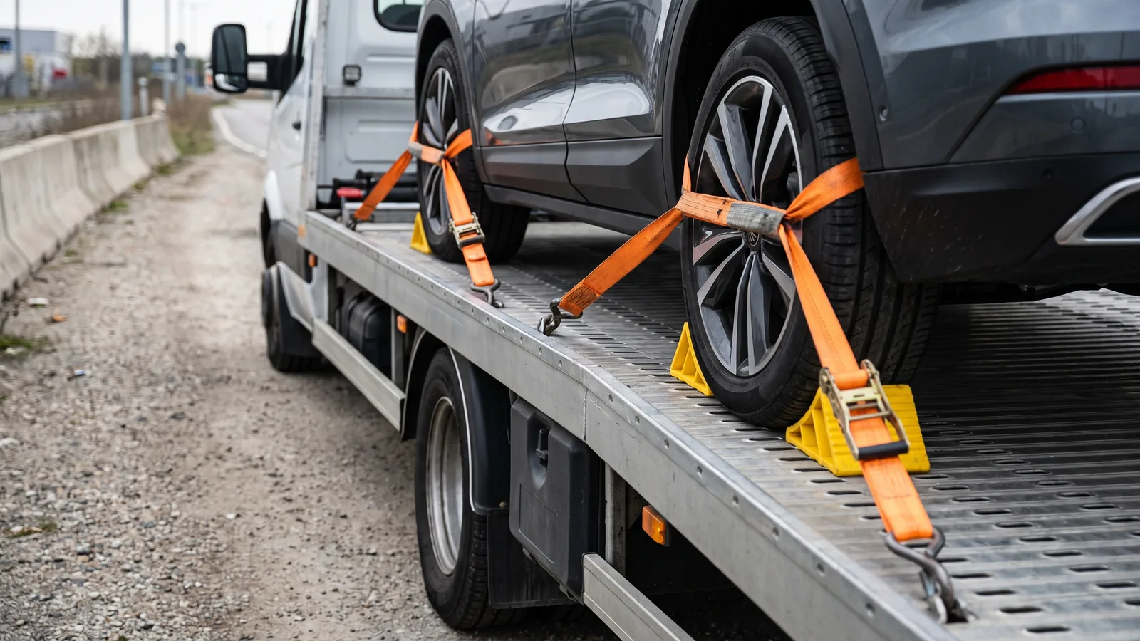 Roues d'un SUV électrique sanglées sur le plateau d'une dépanneuse, cales jaunes et sangles orange