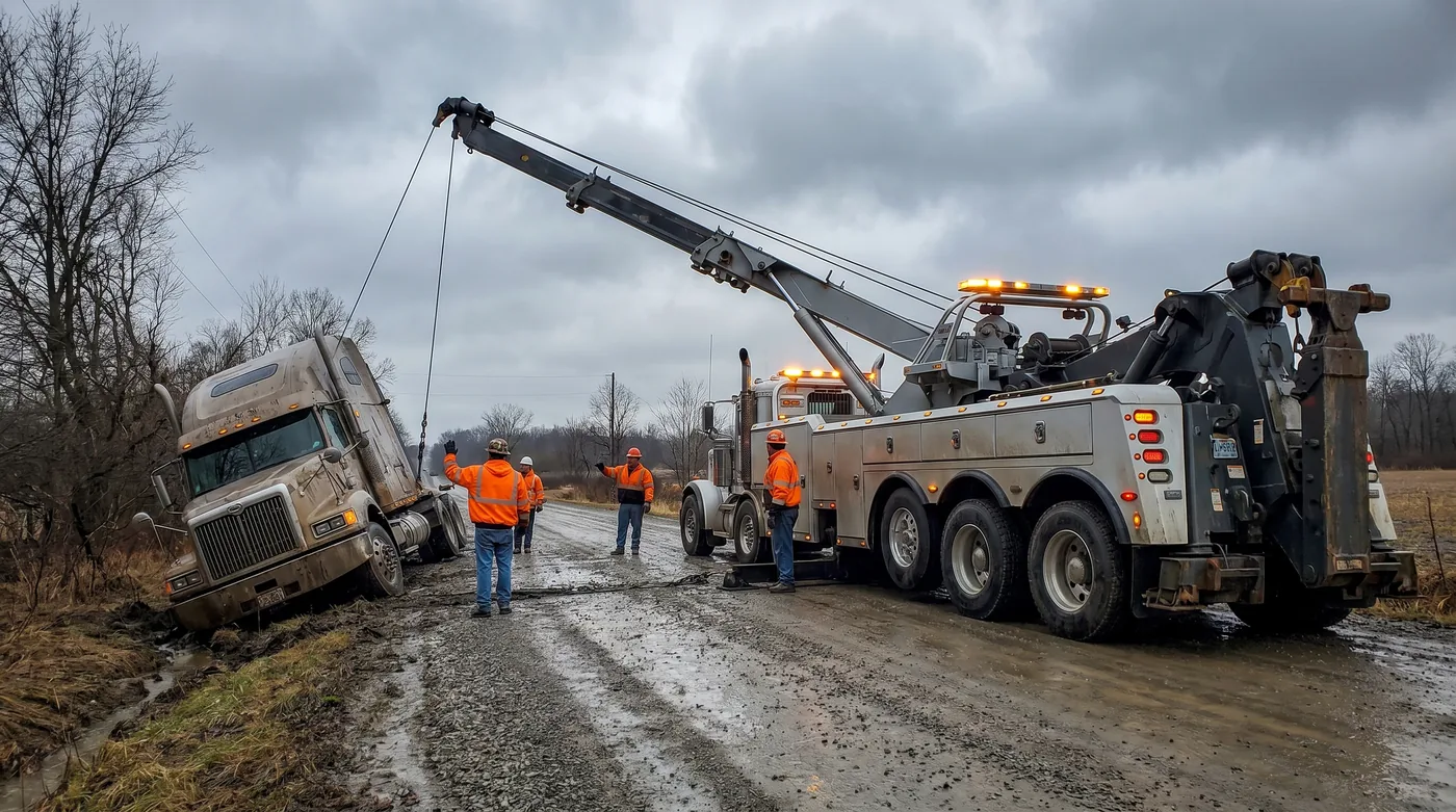 Dépanneuse rotator relevant une cabine de semi-remorque inclinée sur le bord d'une route rurale