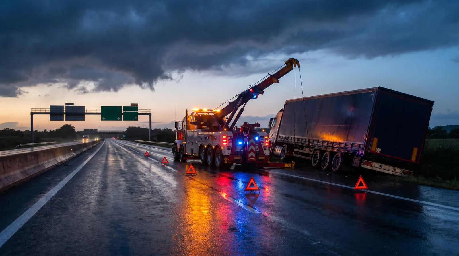Dépanneuse lourde en intervention sur un semi-remorque sur autoroute française