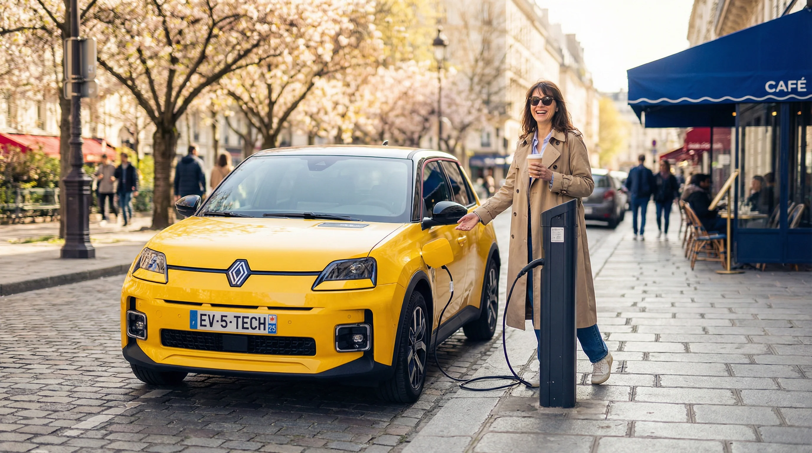 Renault 5 électrique en charge dans une ville française - voiture électrique pas cher 2026