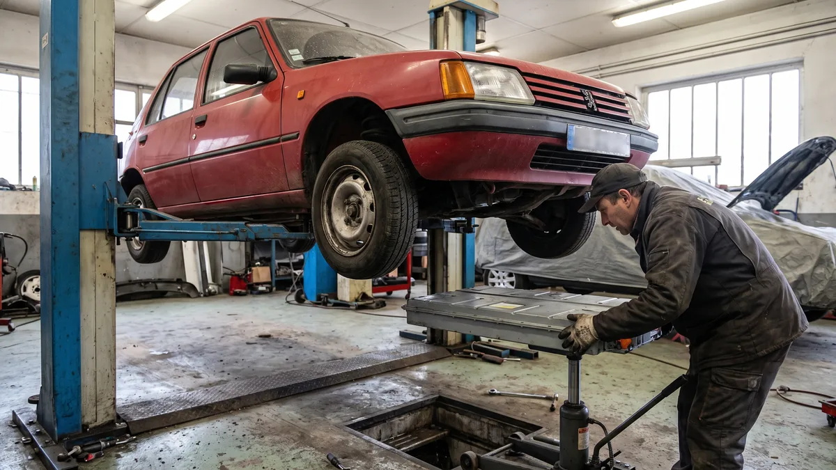 Peugeot 205 sur pont élévateur dans un atelier de rétrofit, pack batterie mis en place sous le plancher