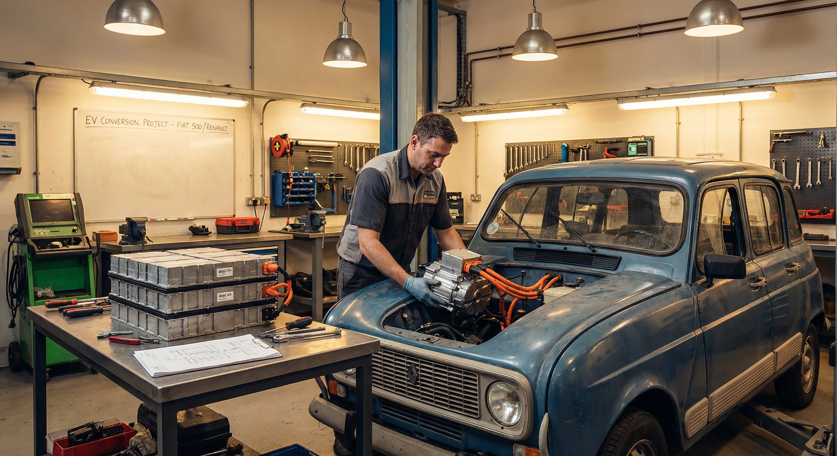 Mécanicien installant un moteur électrique dans une voiture classique lors d'une conversion rétrofit