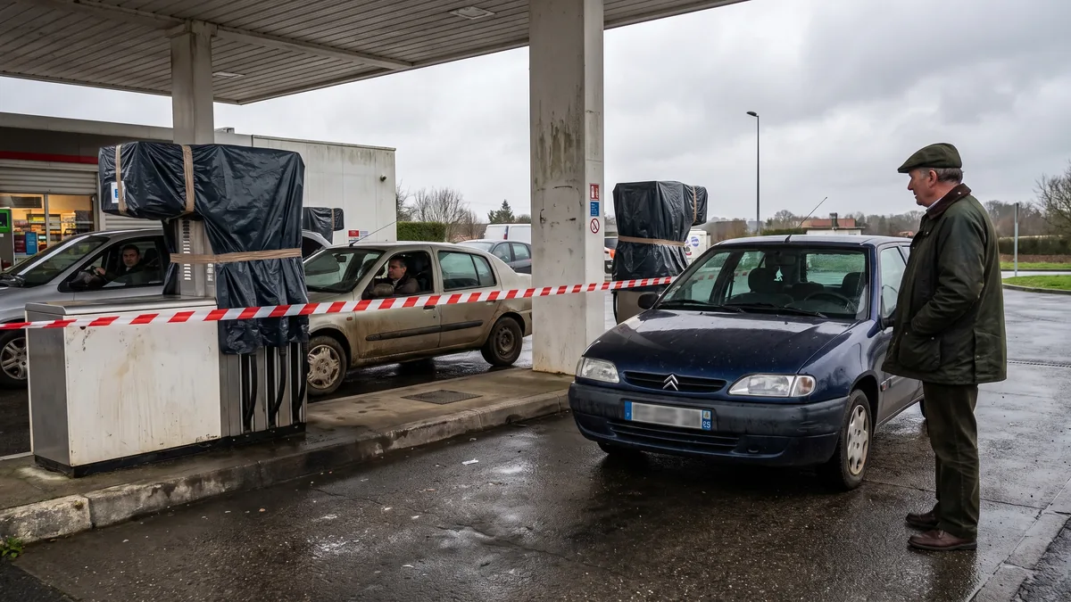 Voiture diesel devant une station-service en pénurie de carburant en France 2026