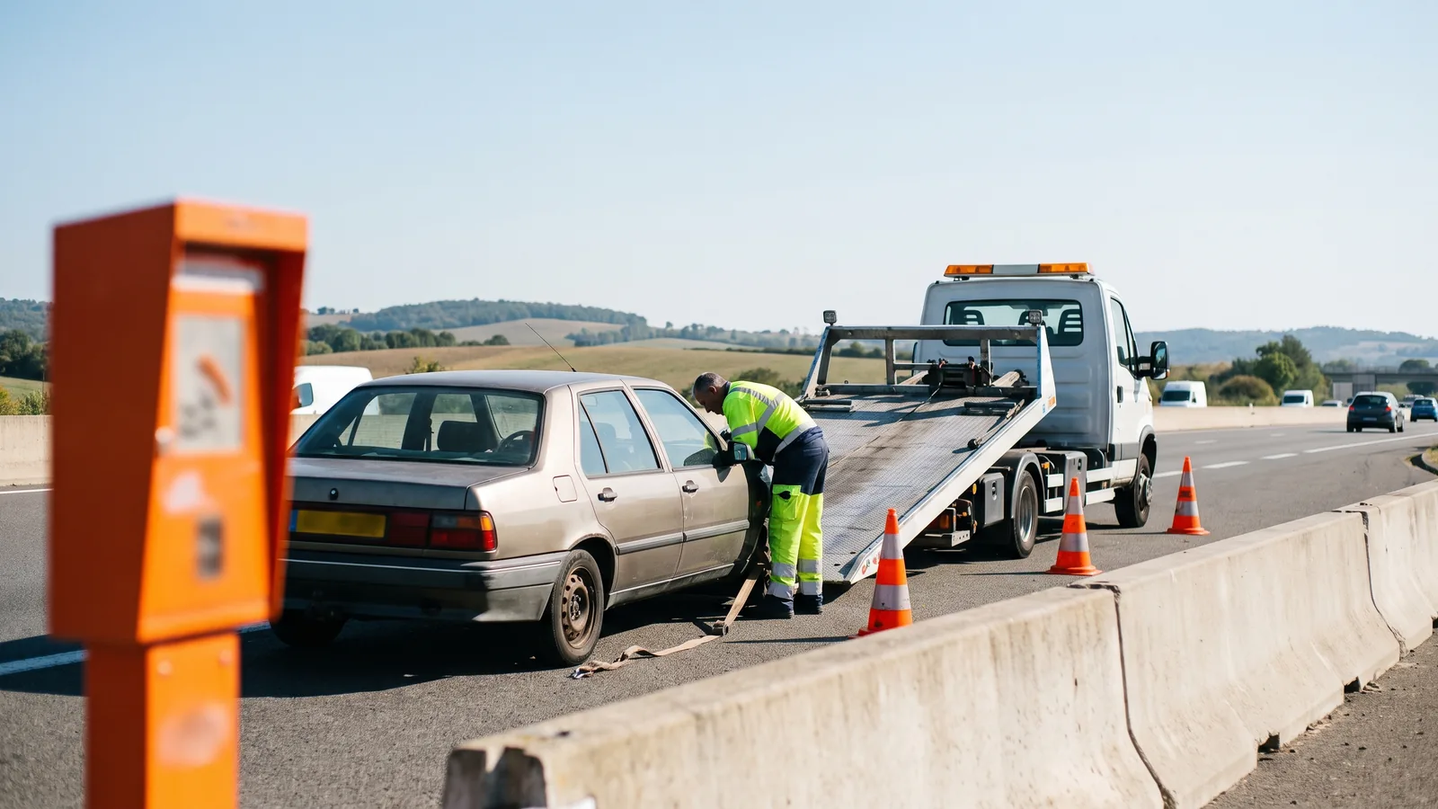 Dépanneuse prenant en charge une voiture en panne sur la bande d'arrêt d'urgence d'une autoroute, près d'une borne d'appel orange