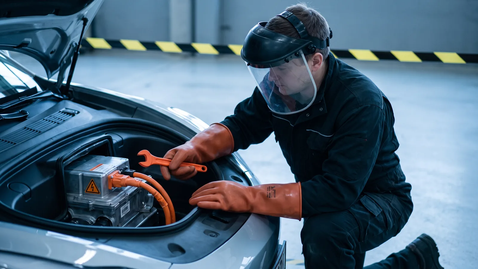 Technicien portant des gants isolants classe 0 et un écran facial intervenant près d'un câble haute tension orange
