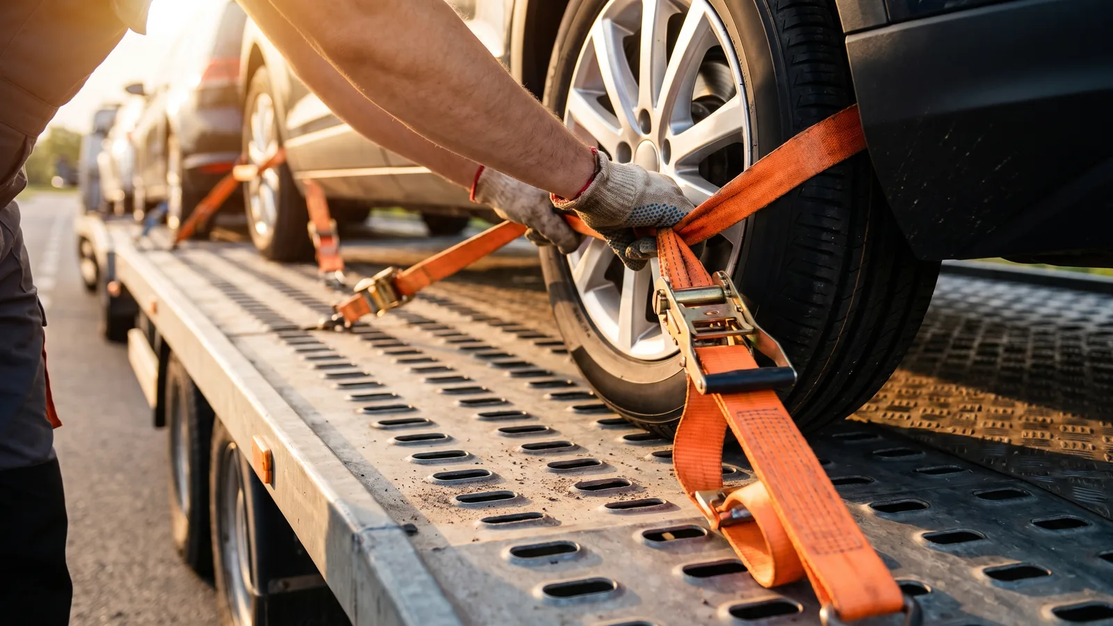 Roue d'une voiture sanglée avec des sangles à cliquet orange sur le plateau d'un camion de transport